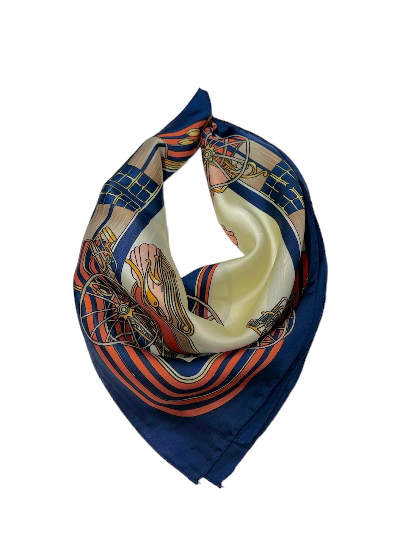 Cream & Navy Silk Feel Neck Scarf with Carriage Detailing