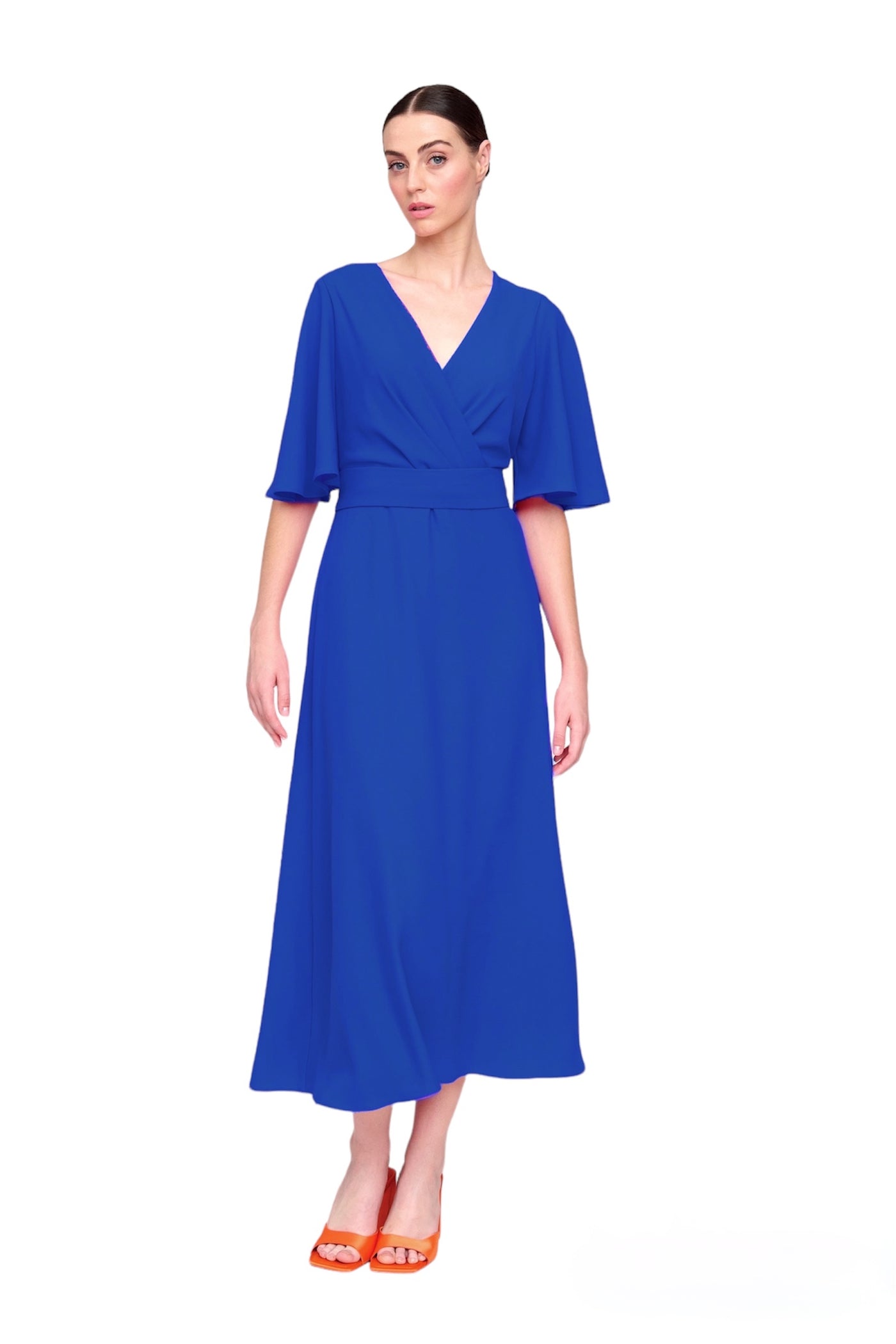 Royal Blue V-Neck Dress Belt & Flowy Sleeve