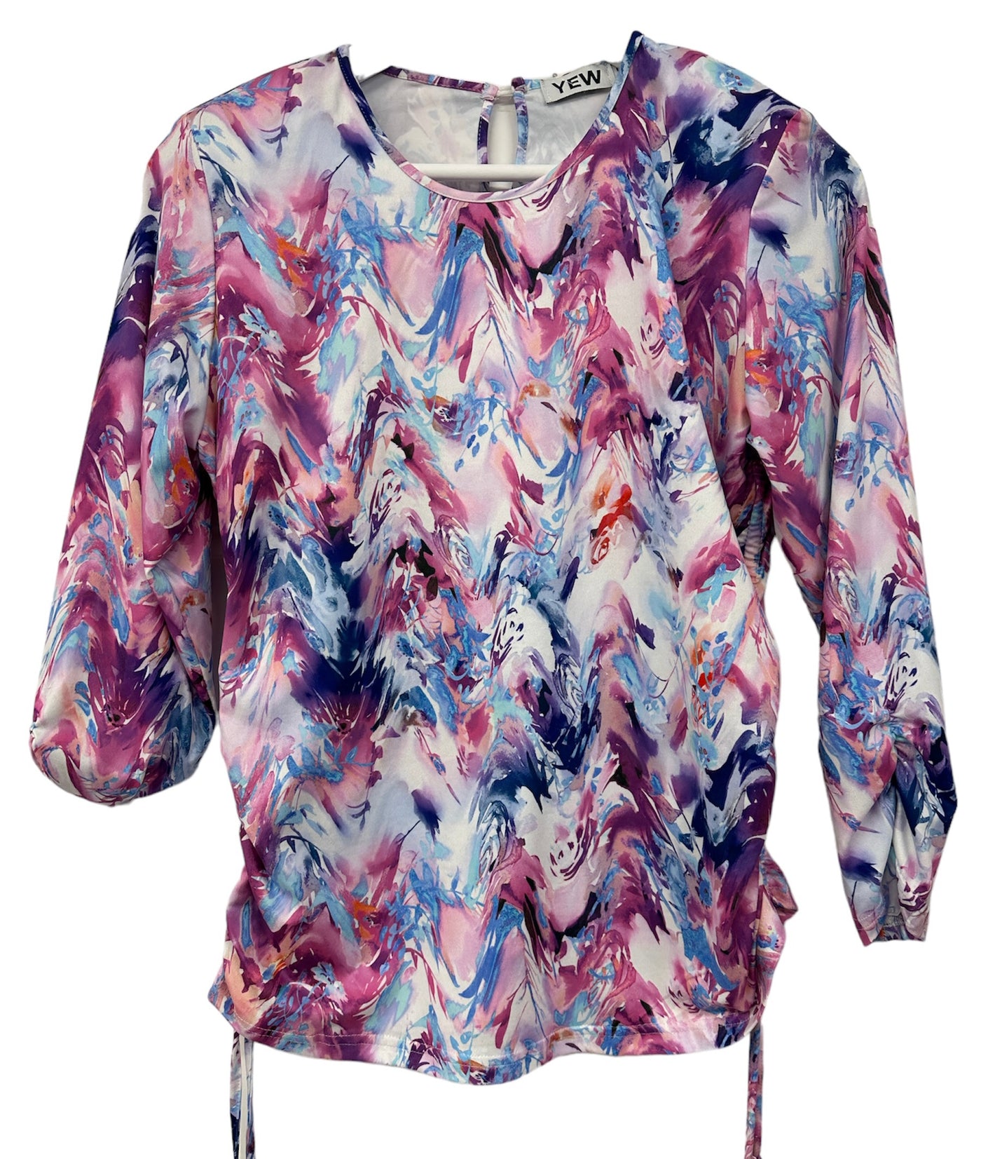 Pastel Multiprint Top with Round Neck & Ruched Sides