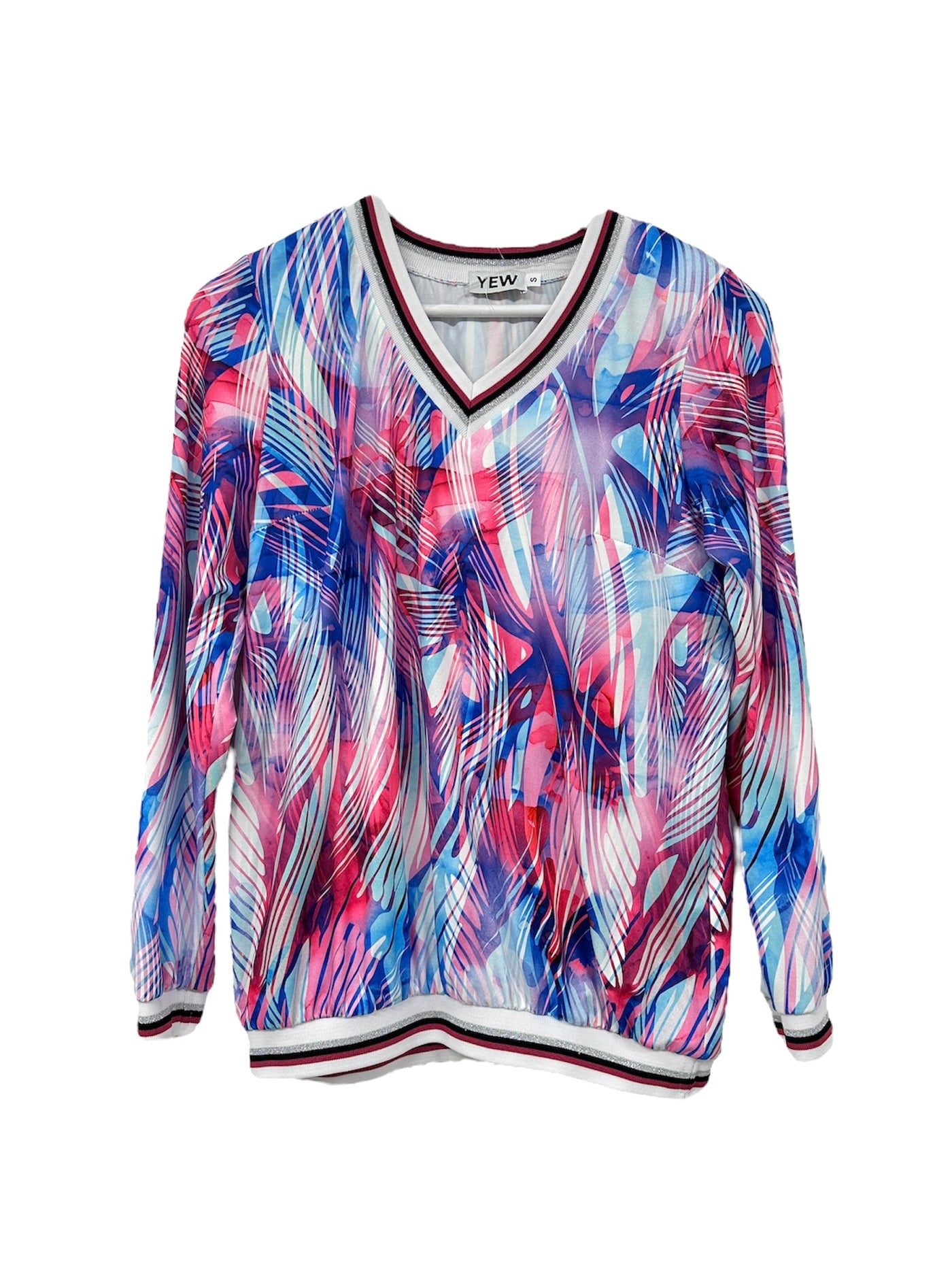 Pink & Blue Abstract Print Top With Stripes Trims