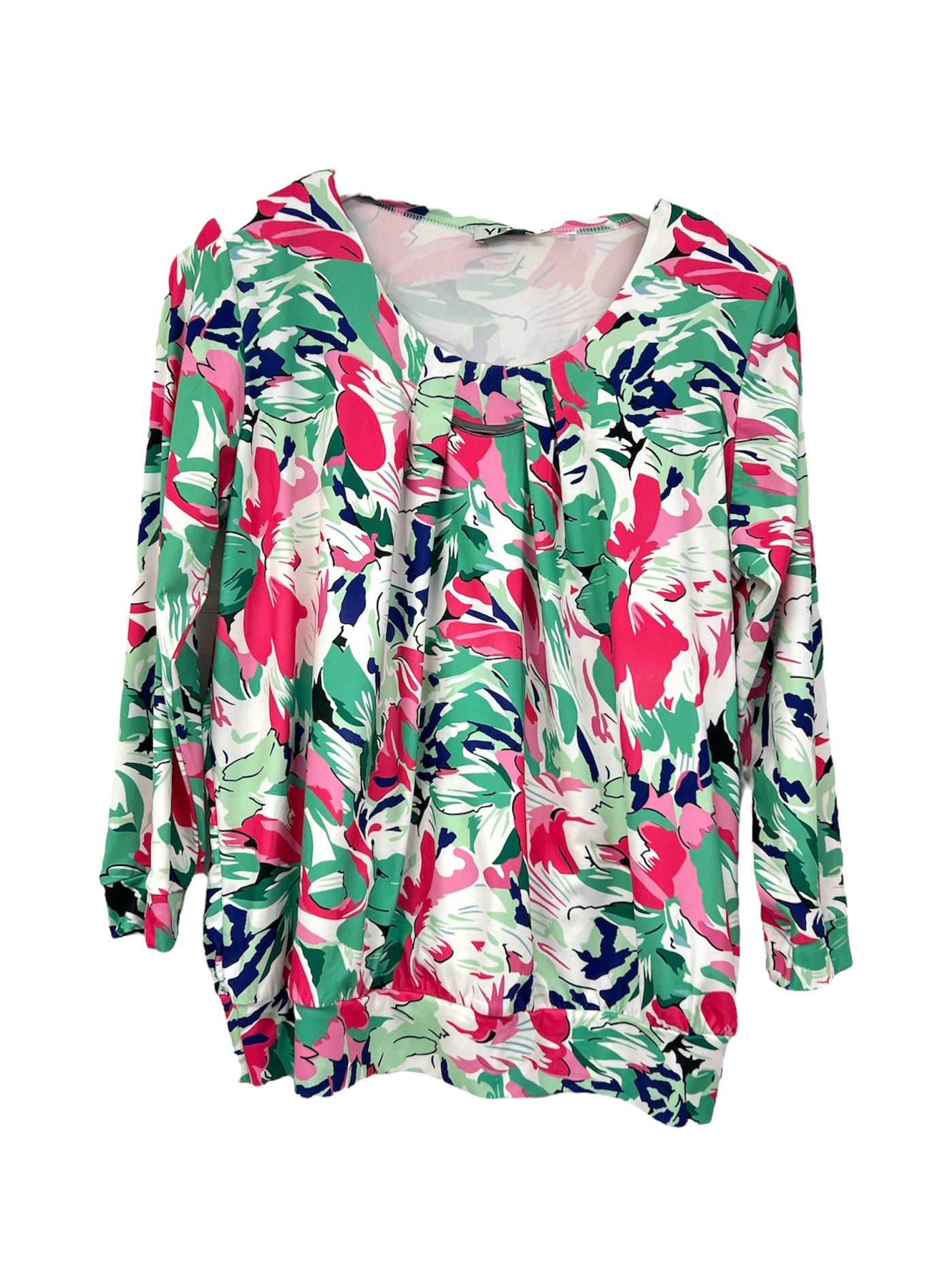 Pink & Green Floral Print Top with Pleated Front & Clasp Detail