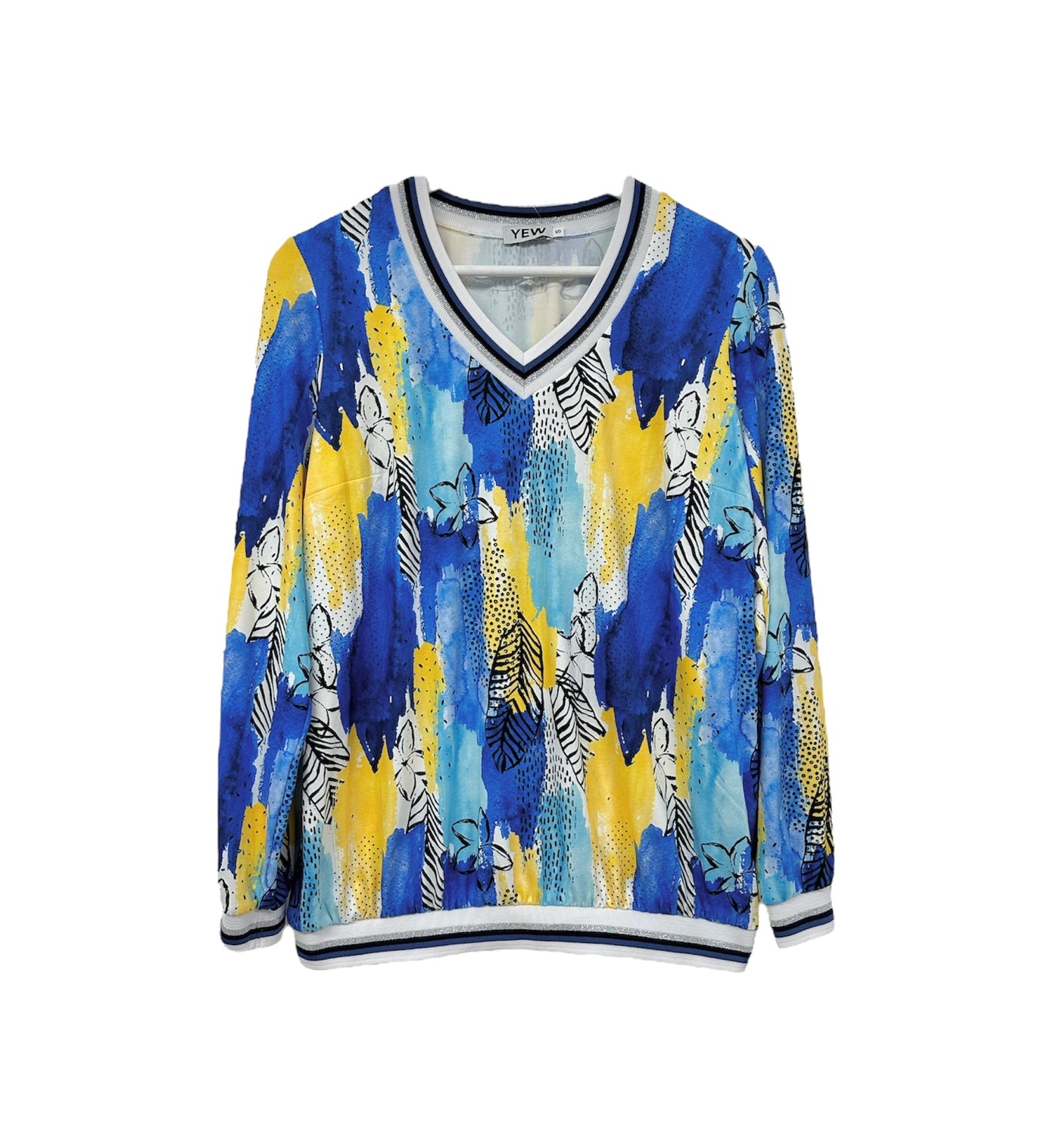 Blue/Yellow/White Top With Floral Design With Stripe Design