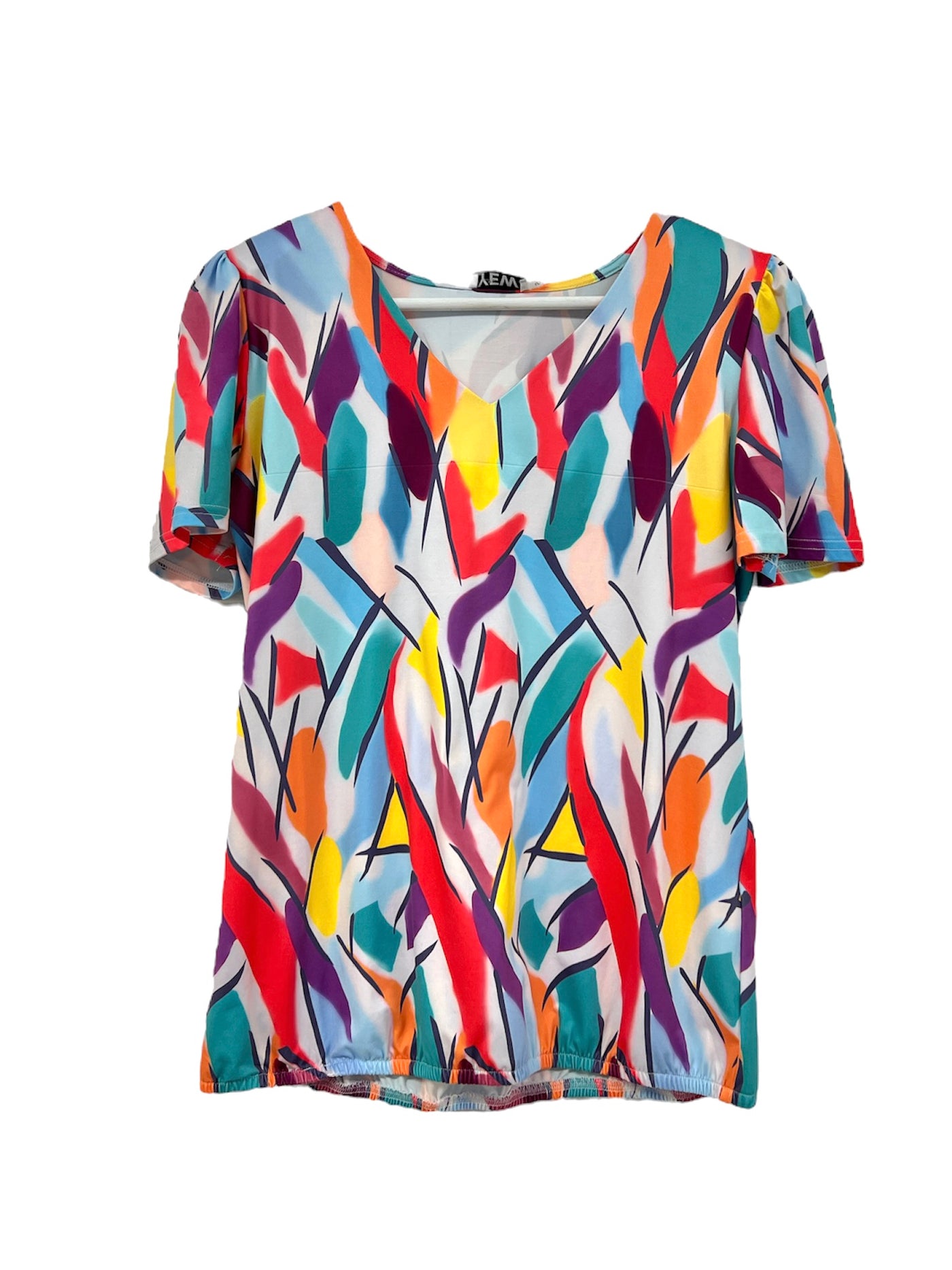 Abstract Print Top With Elasticated Waist and V-Neck