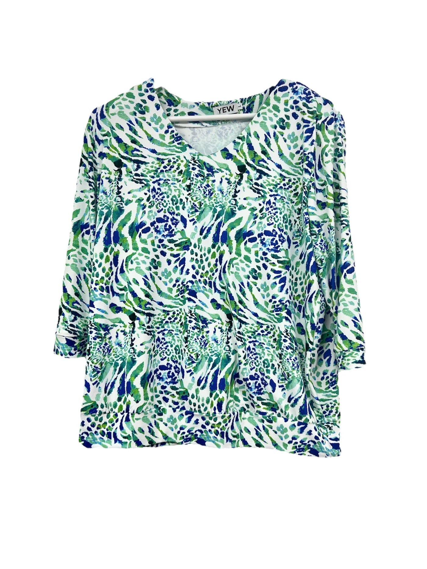 White V-Neck Top With Blue & Green Pattern & 3/4 Sleeve