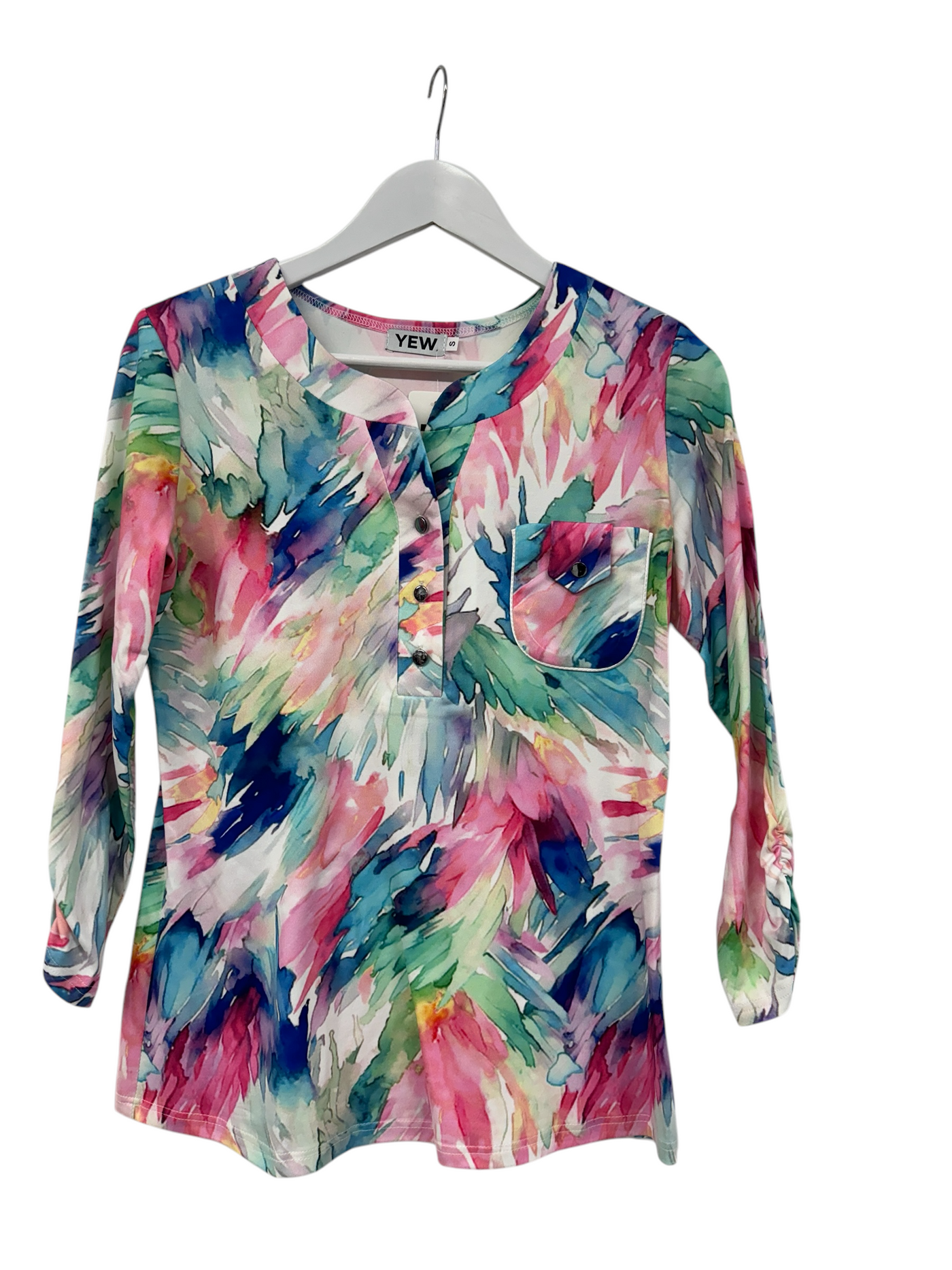 Multi print Top with Grandfather Collar and Button Detailing