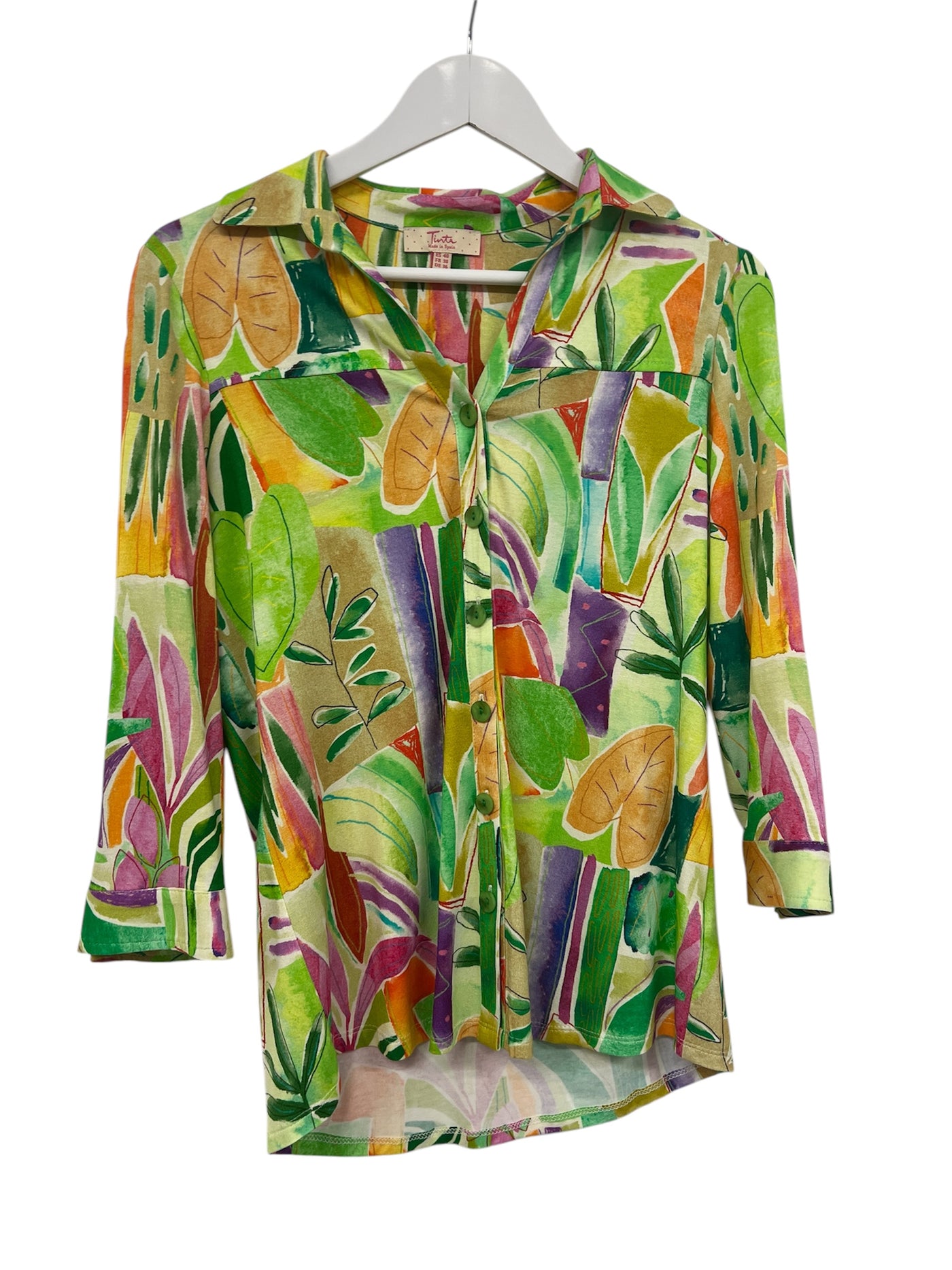 Lime Multicolour Leaf Print Shirt with 3/4 Sleeves