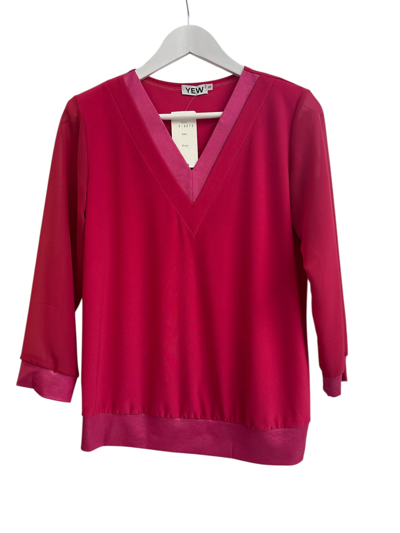 Pink V-Neck Top with Chiffon Sleeves & Faux Leather Trim