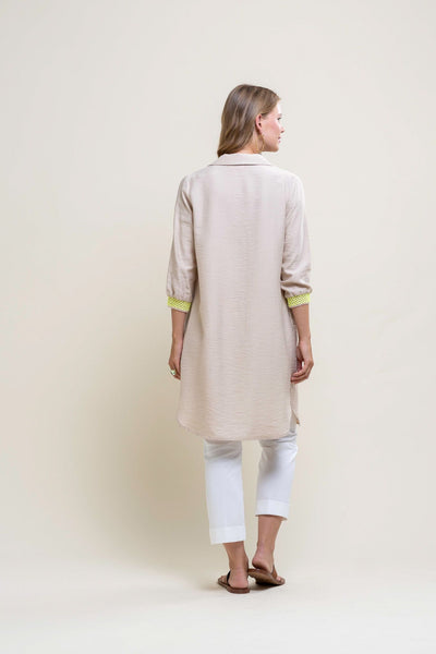 Sand Long-Line Button Up Coat With Pockets & Lime Green Cuff
