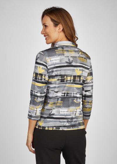Mustard, Black & Grey Abstract Print Top with Collar and Button Front