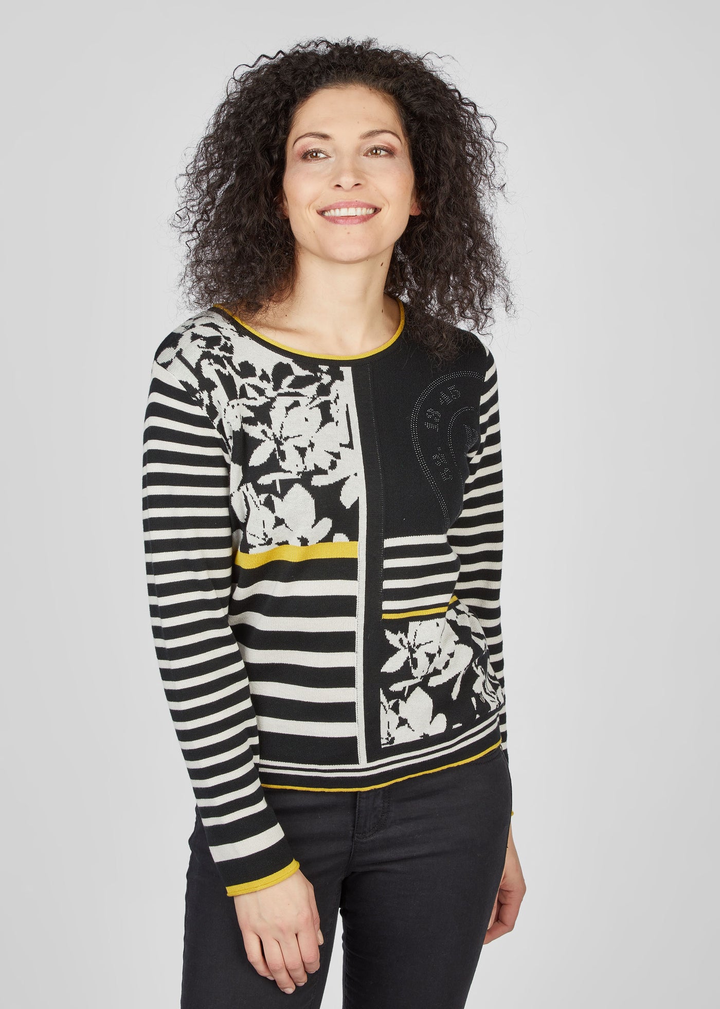 Black & White Striped Jumper with Diamonte Detail and Mustard Trim