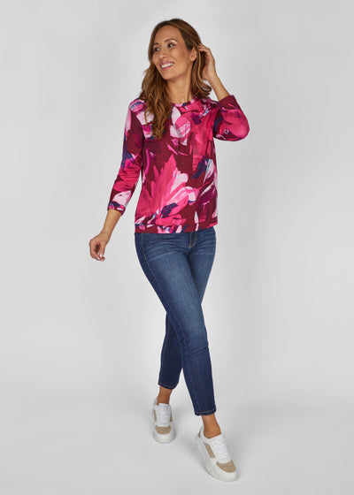 Pink Floral Round Neck Jumper with 3/4 Sleeves and Diamante Detail