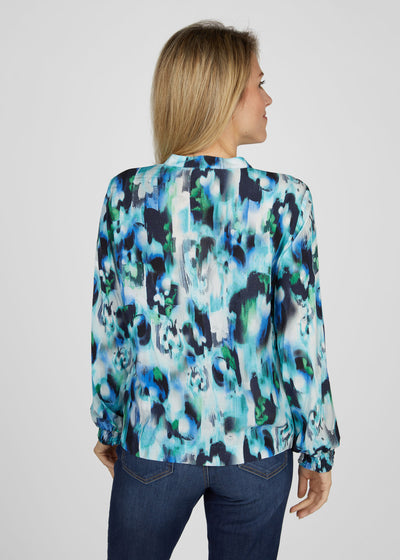 Green, Blue & Navy Abstract Print Top with Mini V- Neck and Elasticted Sleeves