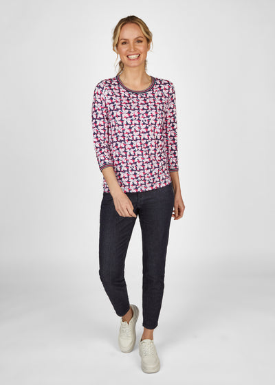 Red & Navy Geometric Print Round Neck Top with 3/4 Sleeves