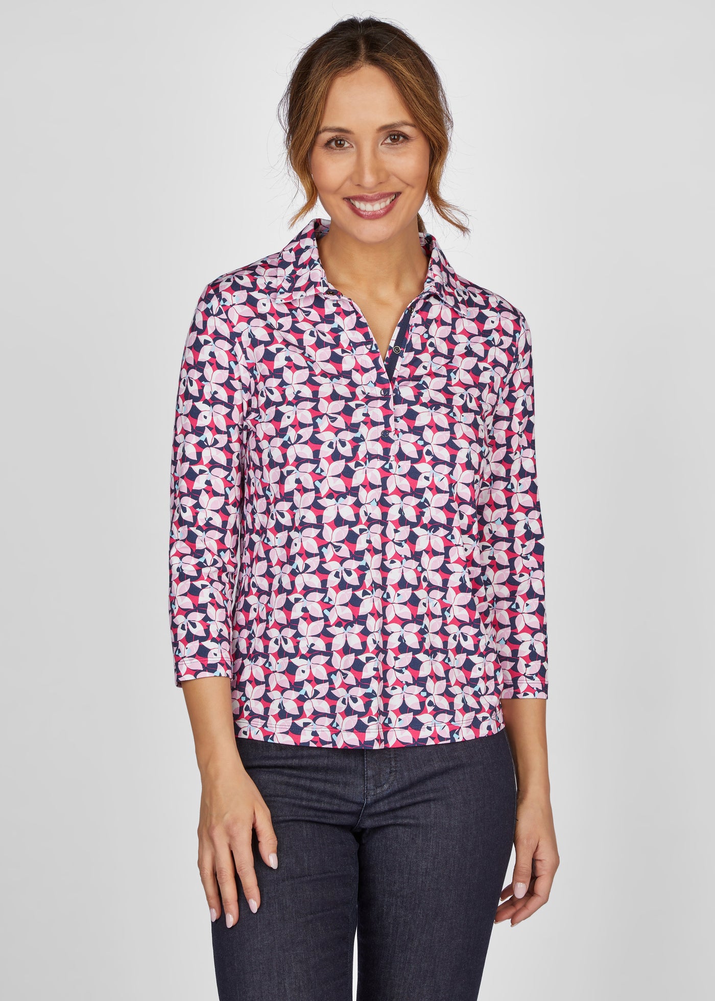 Pink Navy & White Geometric Print Shirt Top with 3/4 Sleeves