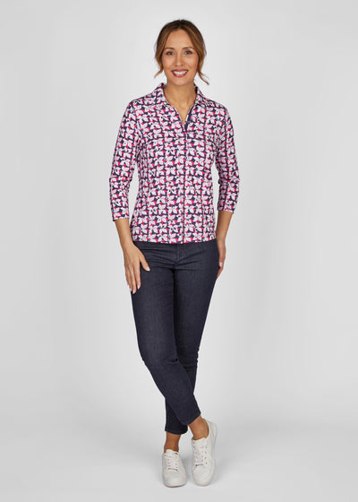 Pink Navy & White Geometric Print Shirt Top with 3/4 Sleeves