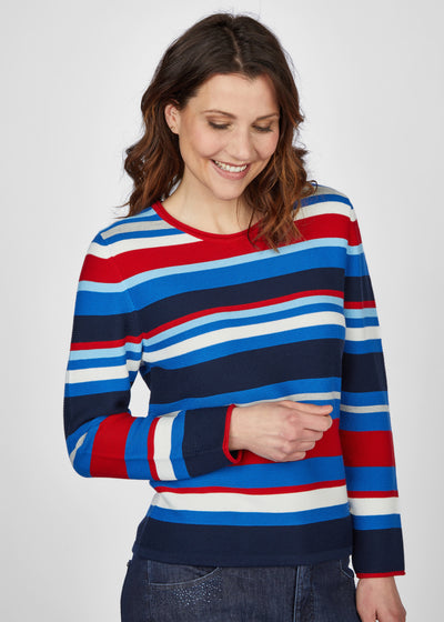Red Blue & White Striped Round Neck Knitted Jumper