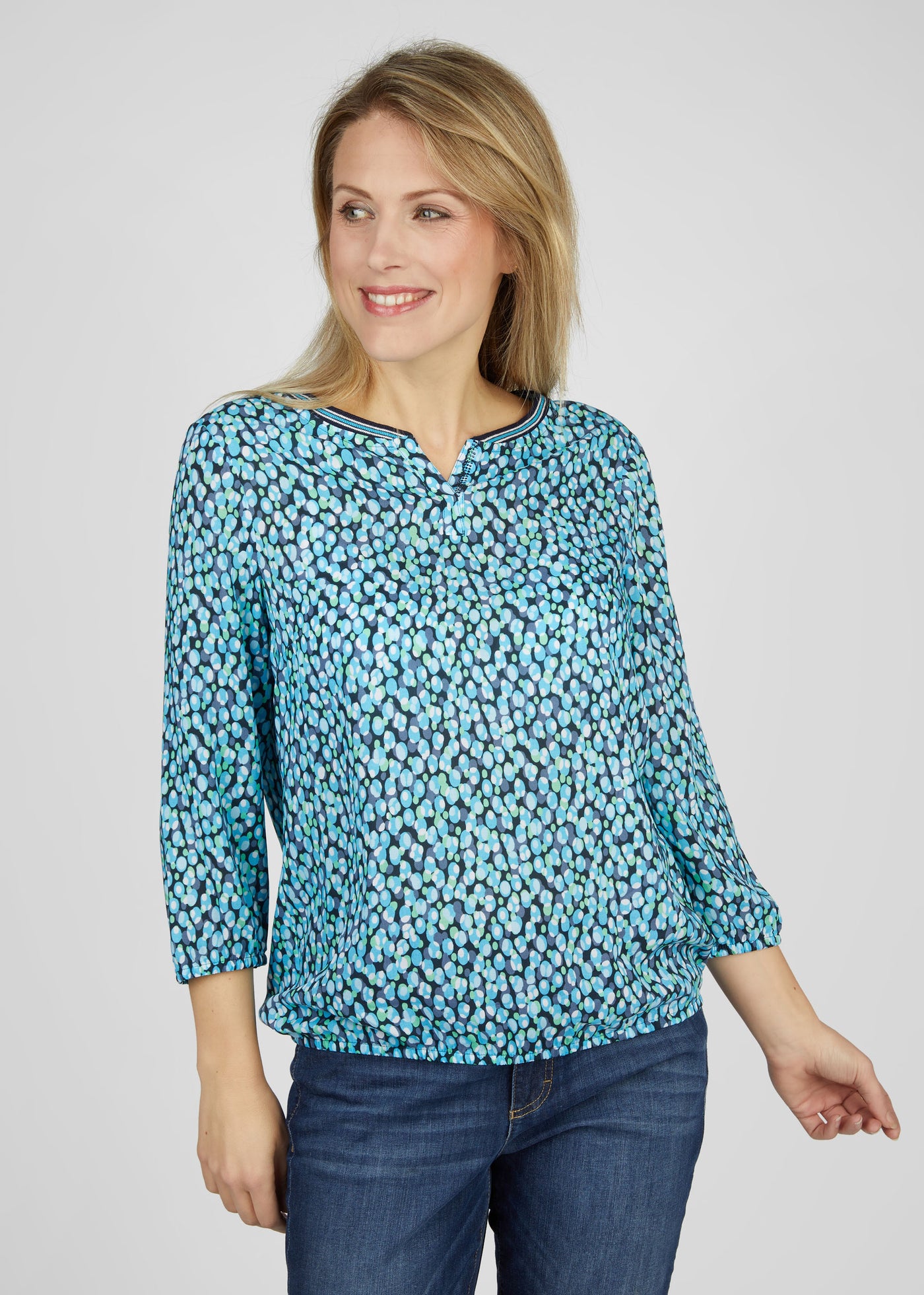 Green, Blue & Navy Circle Print Top with Elasticated Waist and Diamond Detail