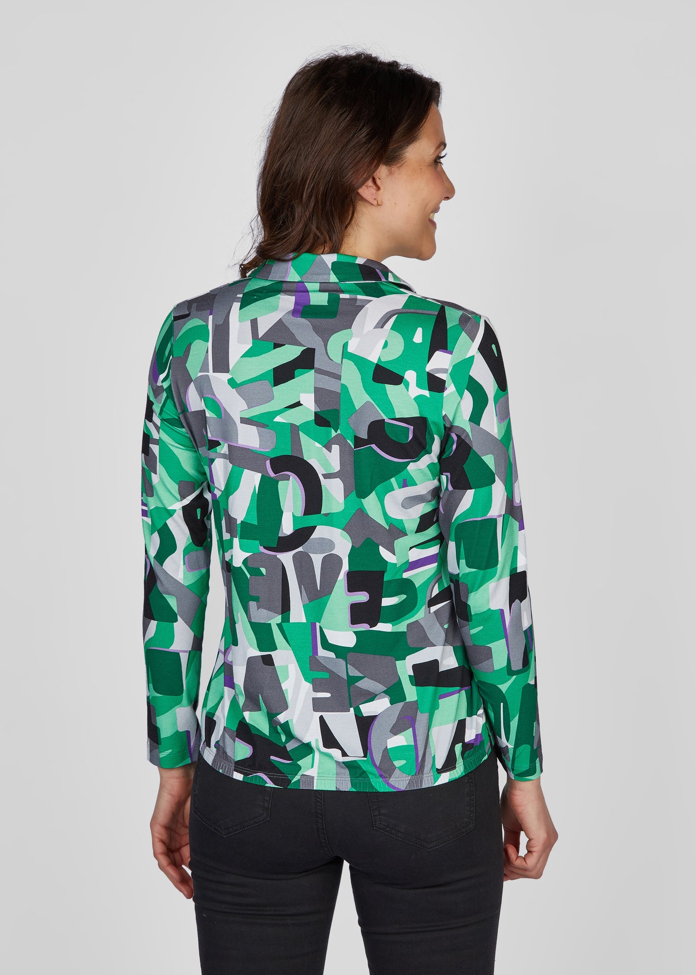 Green, Purple & Grey Abstract Print Long Sleeve Top with Buttons & Collar