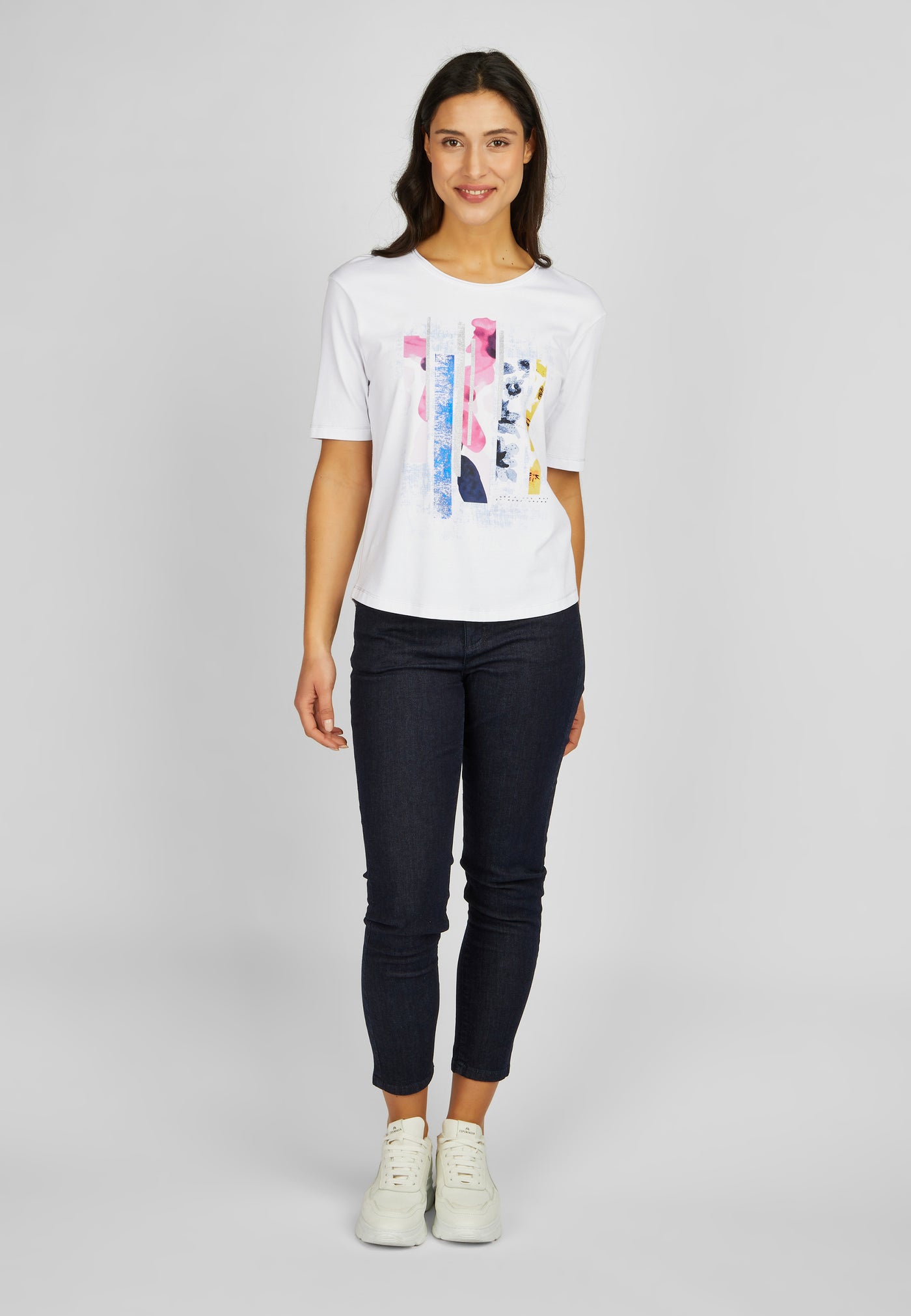 White T-Shirt With Floral & Diamond Stud Detailing
