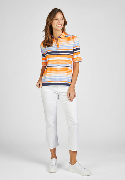 Orange Navy White Stripped Polo "Sunset Bay" Top With Short Sleeves
