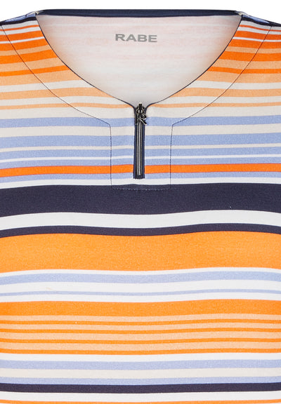 Orange Navy White Stripped "Sunset Bay" Top With Short Sleeves & Zip Detailing
