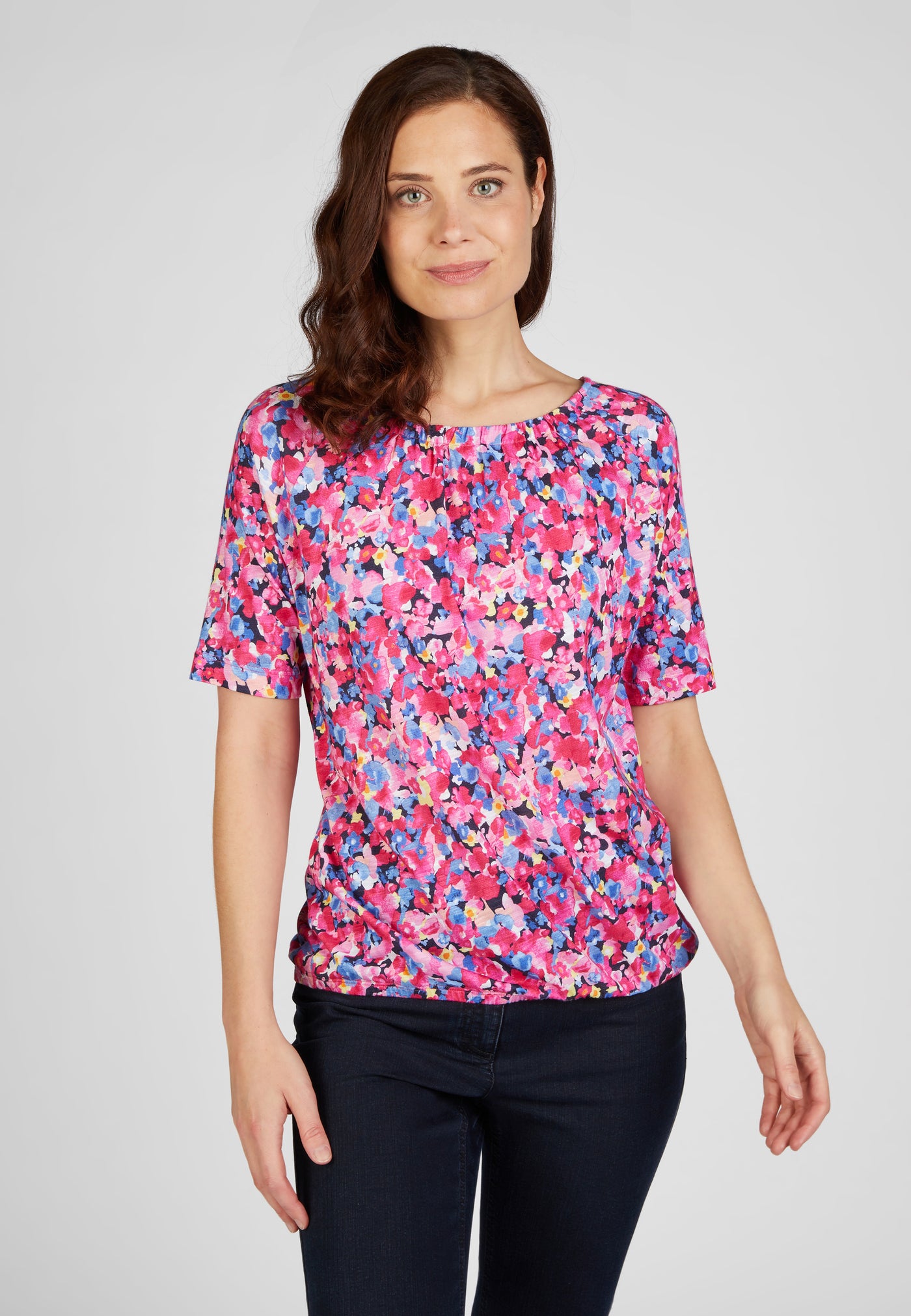 Pink & Blue Floral Print Top With Pleated Neckline & Elasticated Hem
