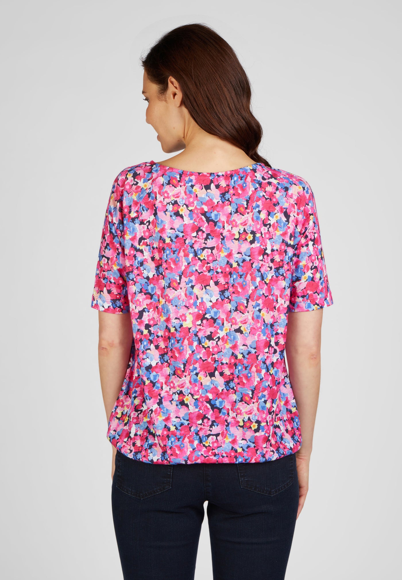 Pink & Blue Floral Print Top With Pleated Neckline & Elasticated Hem