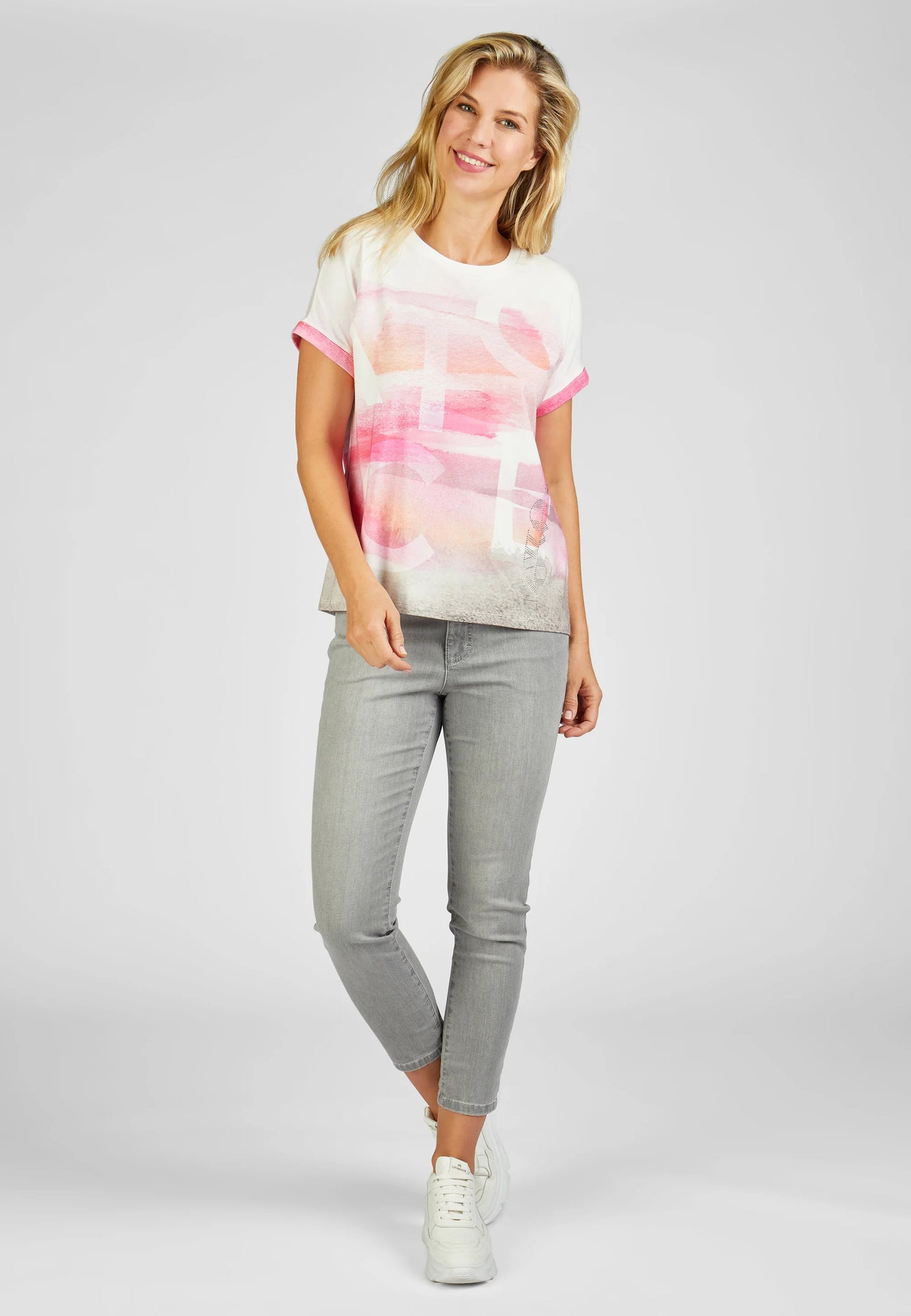 White and Pink Round Neck T-Shirt with Short Sleeves