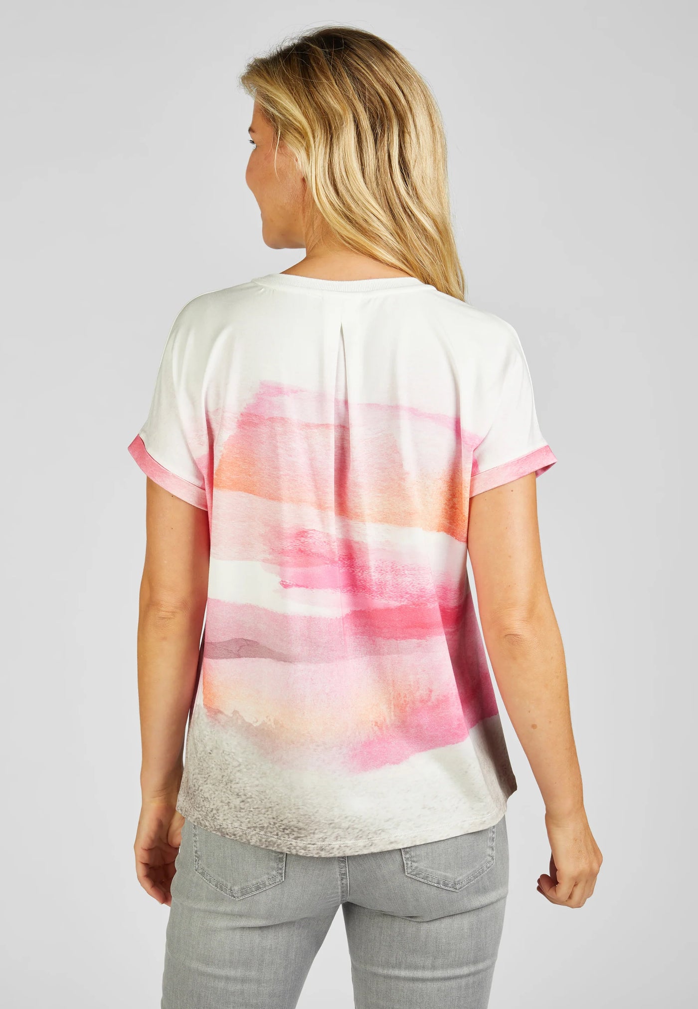 White and Pink Round Neck T-Shirt with Short Sleeves