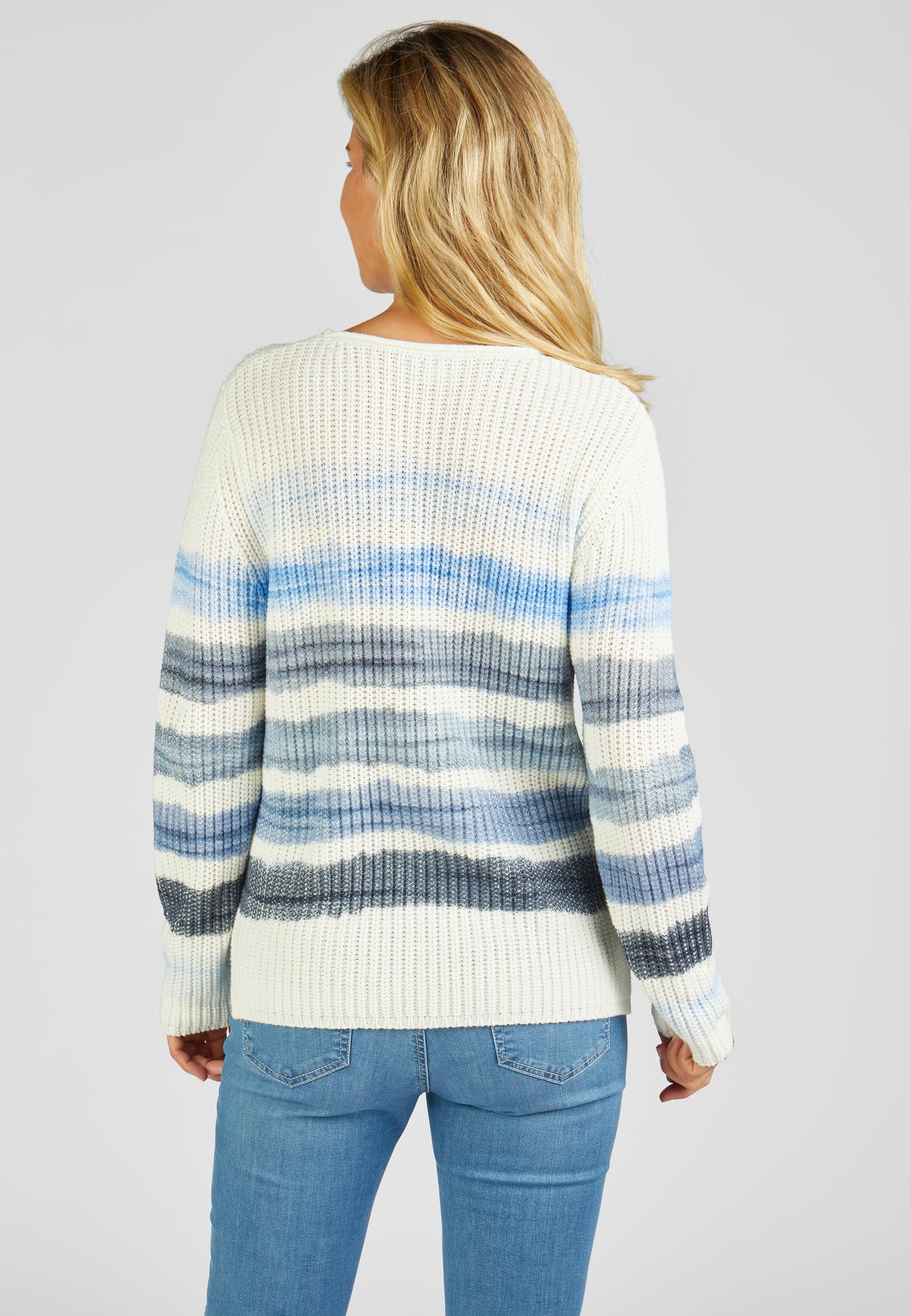 White Soft Knit Jumper Striped with Shades of Blue