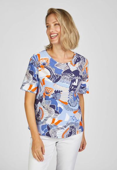 Navy, Blue and Orange Abstract Print Top