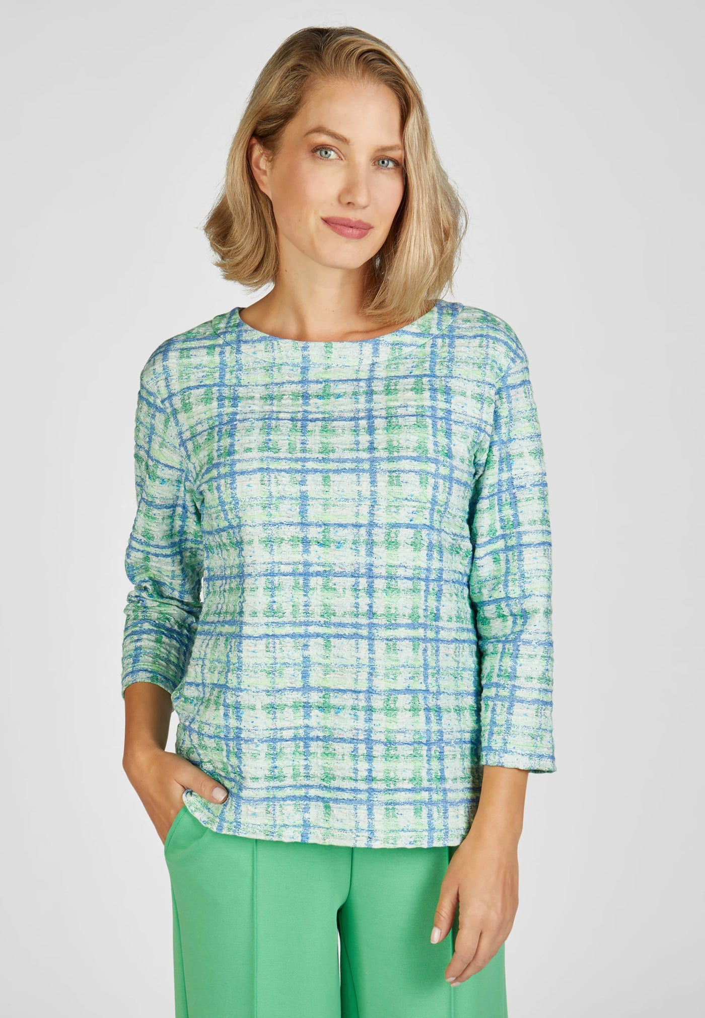 Blue and Green Checkered Print Top