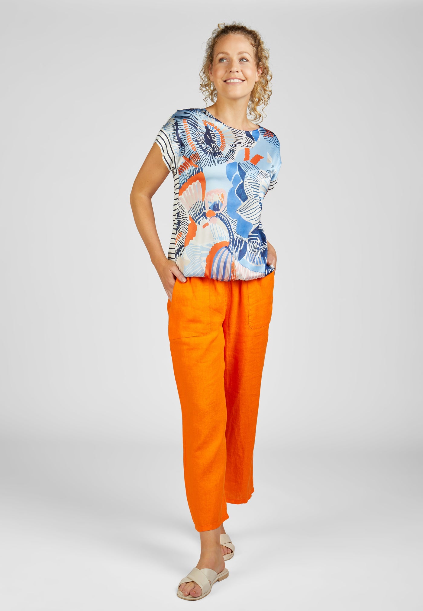 Blue and Orange Floral Print Silky Front Top