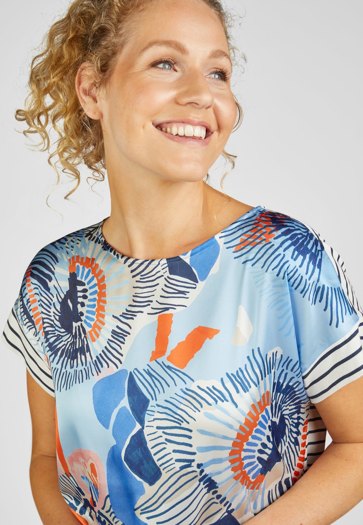 Blue and Orange Floral Print Silky Front Top