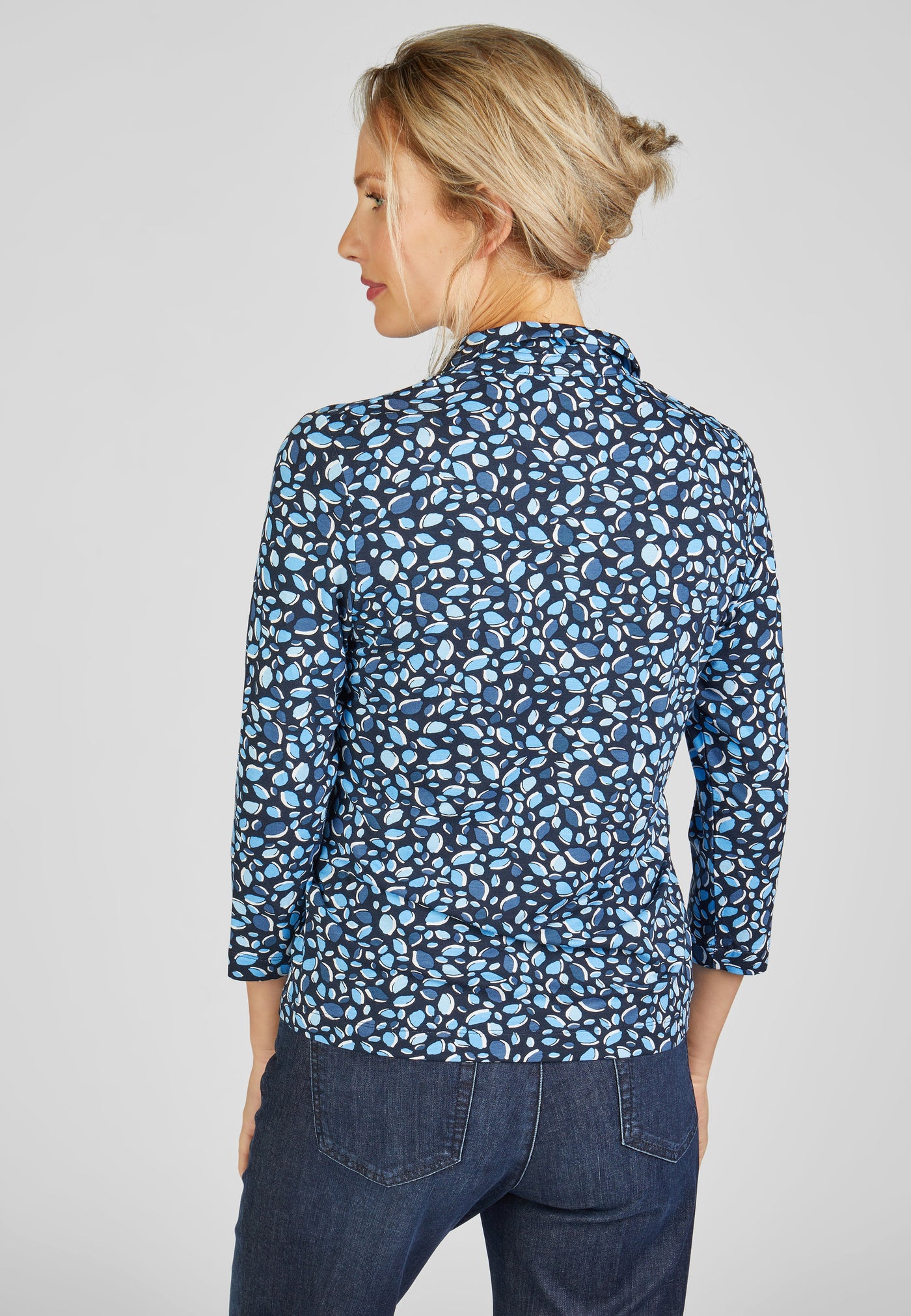 Navy, Blue & White Spot Print Top with Collar and Buttons