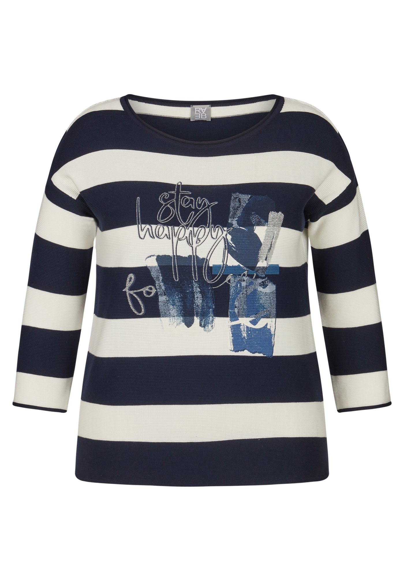 White and Navy Striped Jumper With Graphic Print Detail