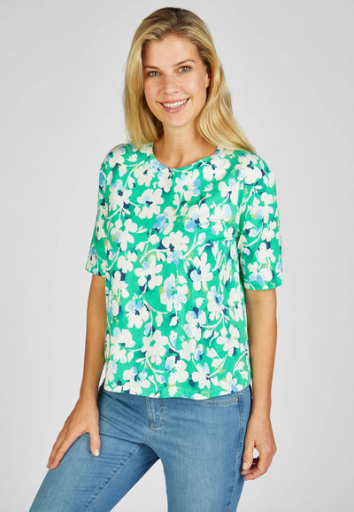 Blue and Green T-Shirt With Floral Print