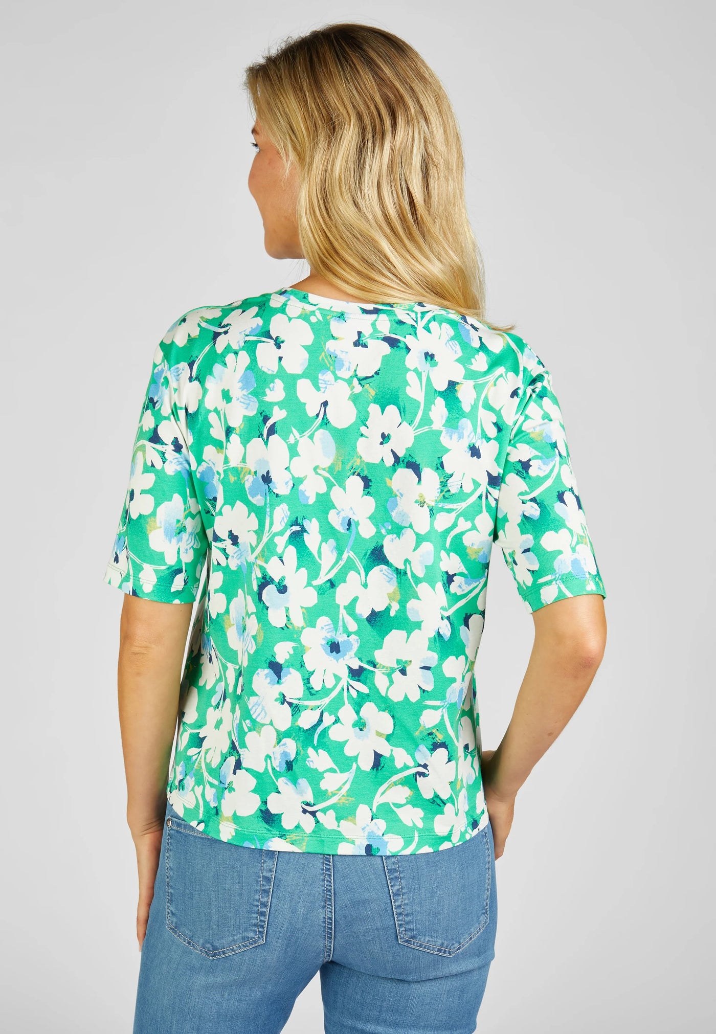 Blue and Green T-Shirt With Floral Print