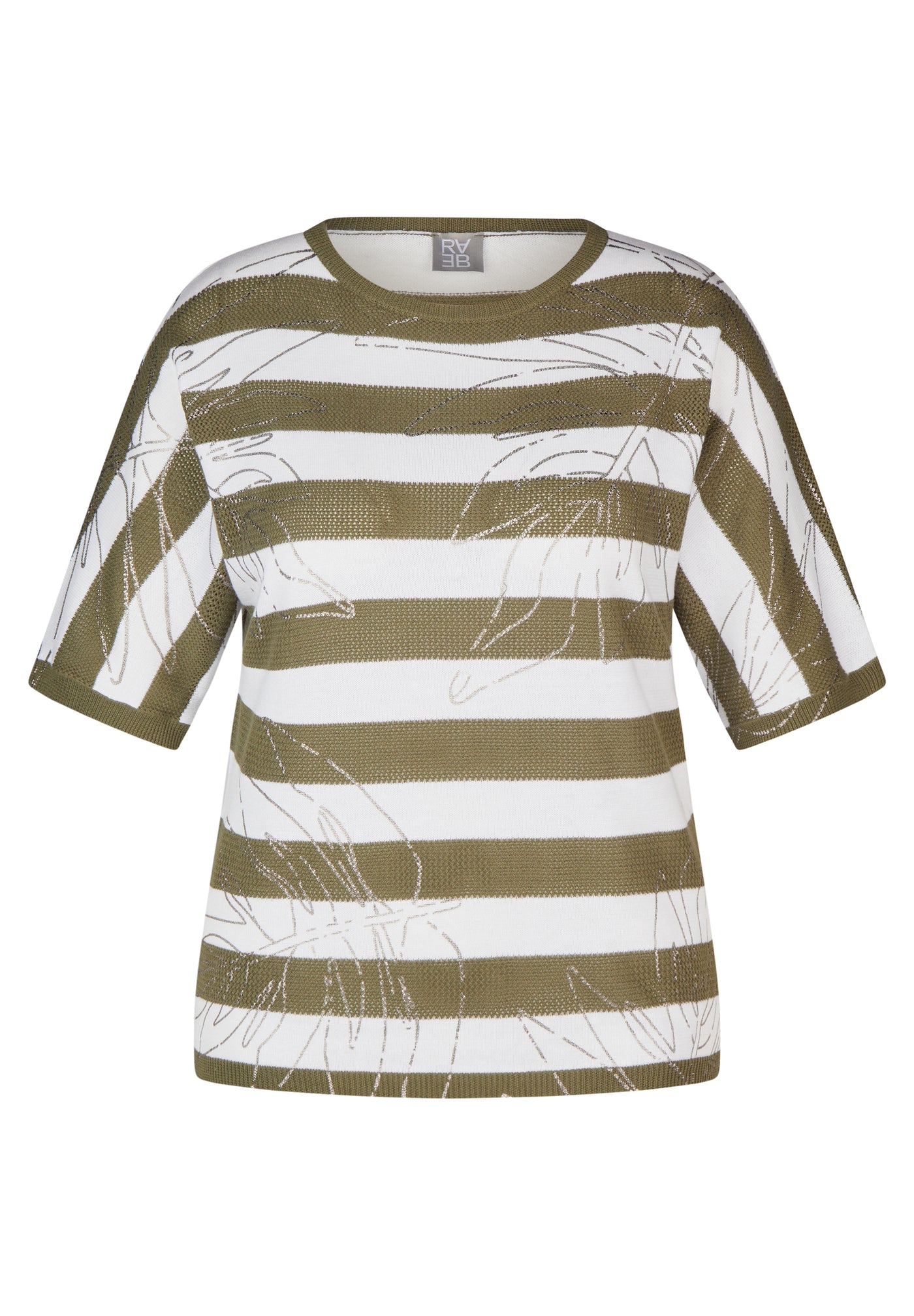 Green & White Striped Jumper With 3/4 Sleeves & Silver Leaf Print Detailing