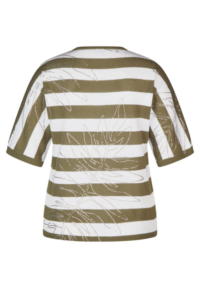 Green & White Striped Jumper With 3/4 Sleeves & Silver Leaf Print Detailing