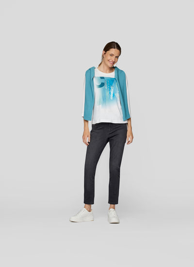 Cream Long Sleeve Top with Peacock Blue Graphic Print
