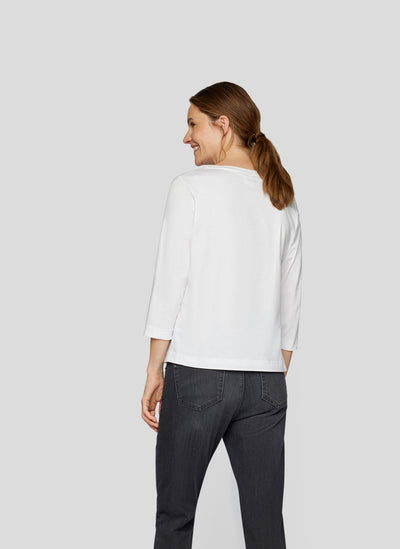 Cream Long Sleeve Top with Peacock Blue Graphic Print