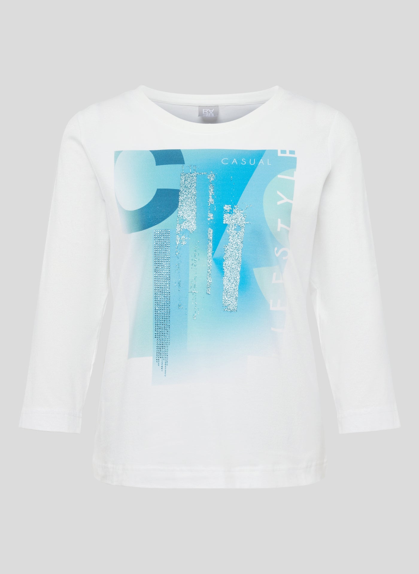 Cream Long Sleeve Top with Peacock Blue Graphic Print