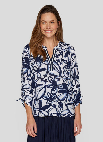 Navy and White Floral Top with Grandfather Collar