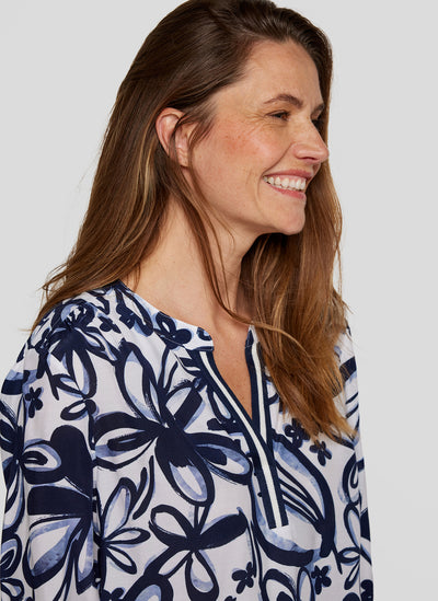 Navy and White Floral Top with Grandfather Collar
