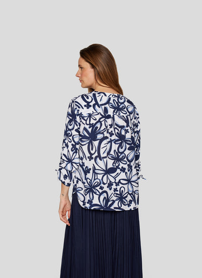 Navy and White Floral Top with Grandfather Collar