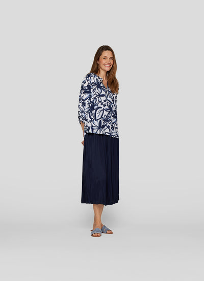 Navy and White Floral Top with Grandfather Collar