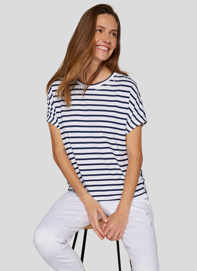 Navy Striped Top with Floral Detail on Back