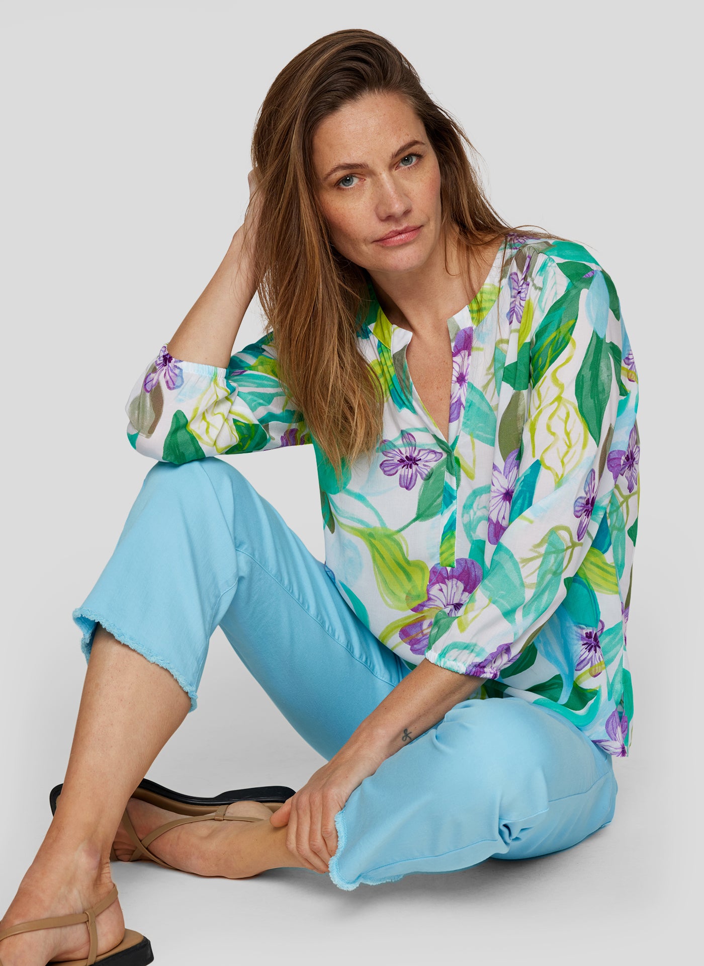 Floral Pattern Top With Elasticated Cuffs