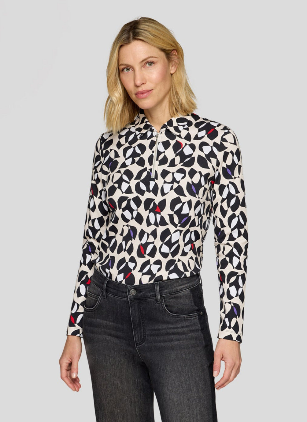 Black and Beige Abstract Top with Zip